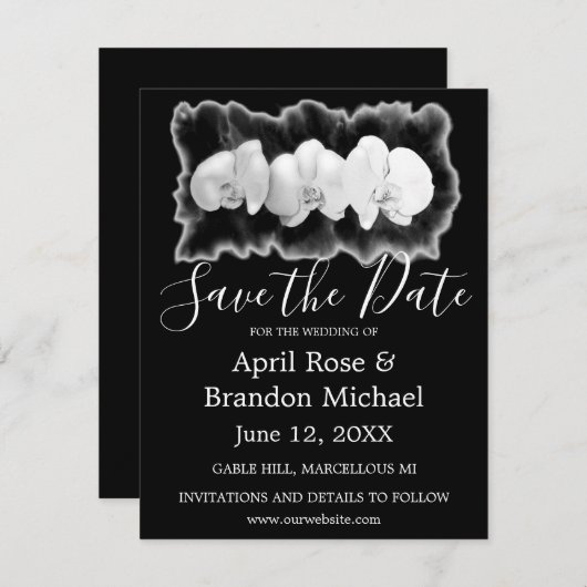 Zwarte witte waterverf orchideeën tropische bloeme save the date (Voorkant / Achterkant)