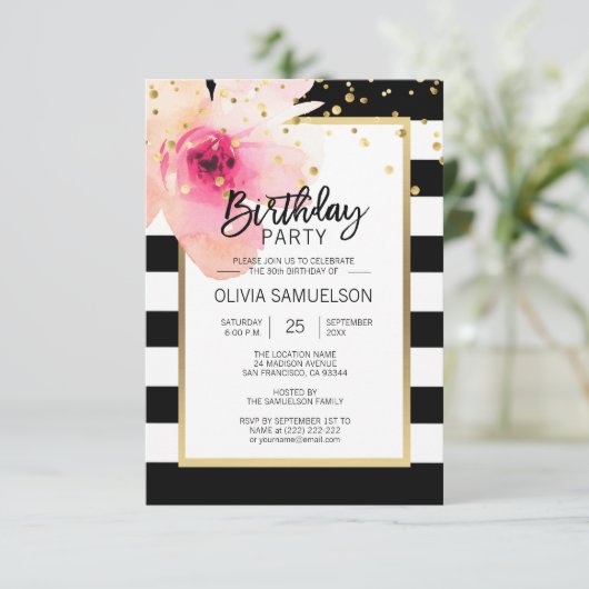 Zwarte witte Waterverf Roze Floral Birthday Party Kaart (Staand voorkant)