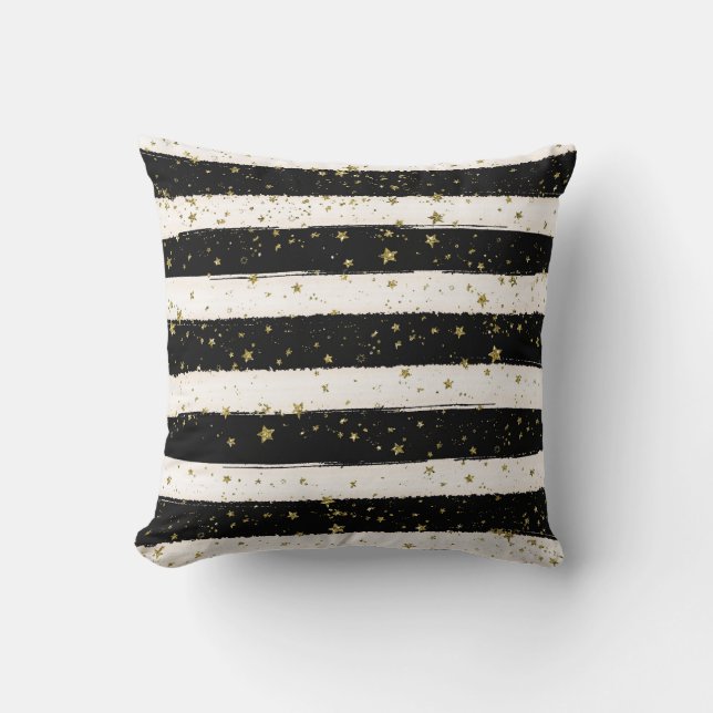 Zwarte witte Waterverf Stripes Gold Glitter Stars Kussen (Voorkant)