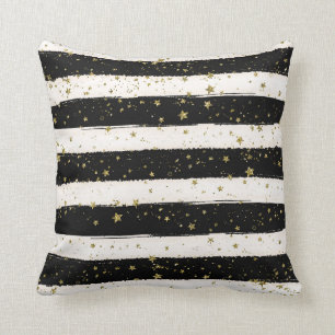 Zwarte witte Waterverf Stripes Gold Glitter Stars Kussen