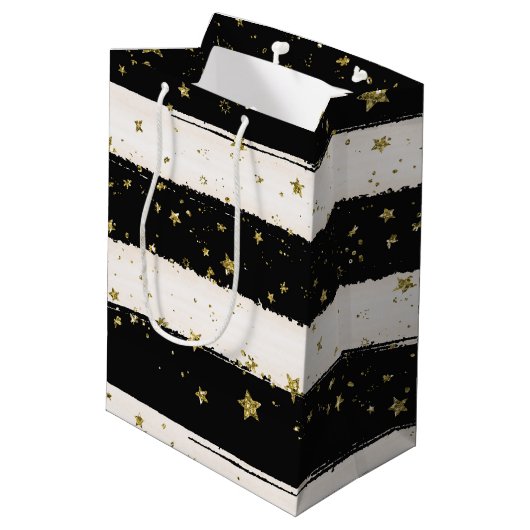 Zwarte witte Waterverf Stripes Gold Glitter Stars Medium Cadeauzakje (Achterkant Gekanteld)