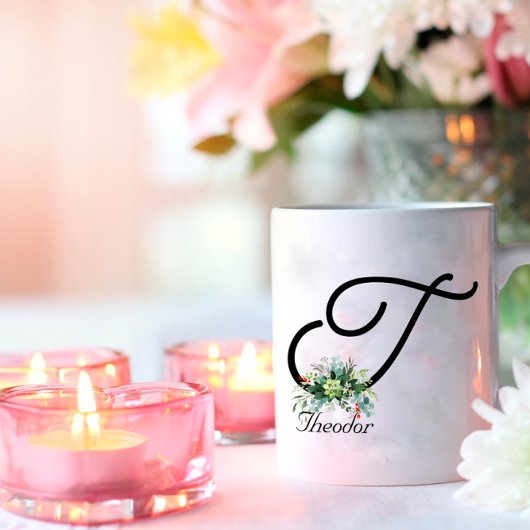 Zwarte witte waterverf wilde bloemen koffie mok