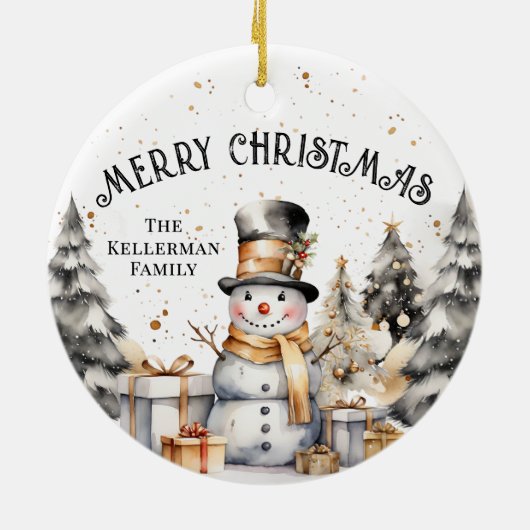 Zwarte Witte Winter Sneeuwman Vrolijk Kerstfeest Keramisch Ornament (Achterkant)