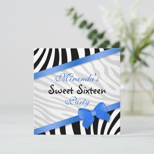 Zwarte witte zebra, bedrukt blauw lintje 16 kaart (Staand voorkant)