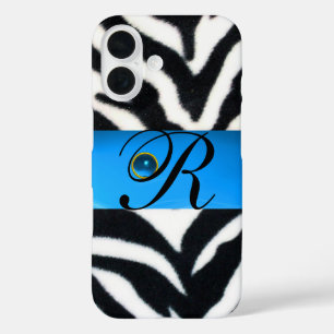 ZWARTE WITTE ZEBRA FUR AQUA BLUE GEM MONOGRAM iPhone 16 HOESJE