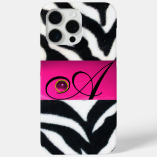 ZWARTE WITTE ZEBRA FUR FUCHSIA PINK GEM MONOGRAM, iPhone 15 PRO MAX HOESJE