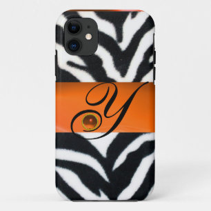 ZWARTE WITTE ZEBRA FUR GEEL ORANJE GEM MONOGRAM, iPhone 11 HOESJE