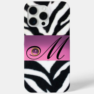 ZWARTE WITTE ZEBRA FUR PINK LILA GEM MONOGRAM, iPhone 15 PRO MAX HOESJE