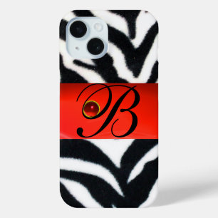 ZWARTE WITTE ZEBRA FUR RED GEM MONOGRAM, iPhone 15 CASE
