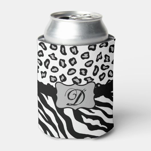 Zwarte witte Zebra Leopard Skin Monogram Blikjeskoeler (Blikje Voorkant)