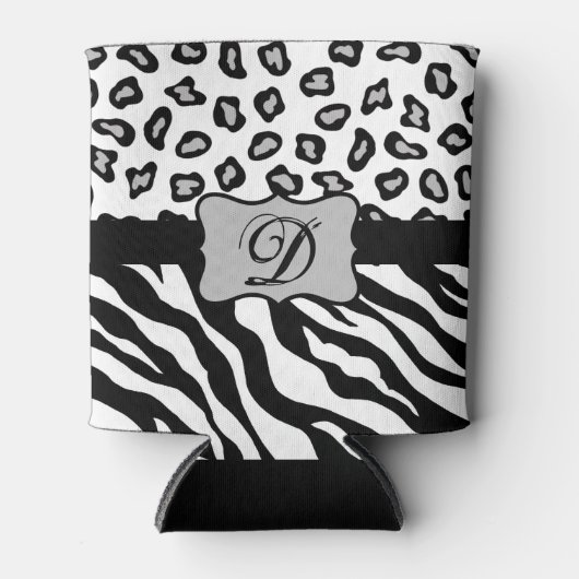 Zwarte witte Zebra Leopard Skin Monogram Blikjeskoeler (Voorkant)