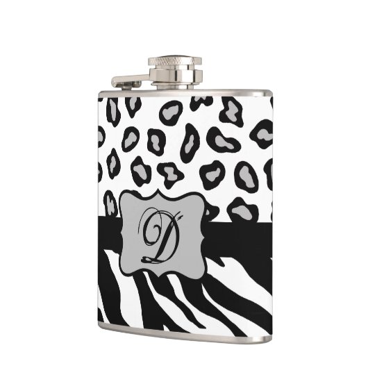 Zwarte witte Zebra Leopard Skin Monogram Heupfles (Links)