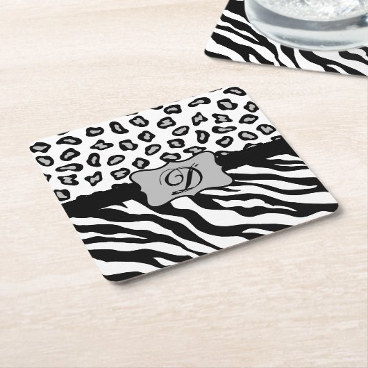 Zwarte witte Zebra Leopard Skin Monogram Kartonnen Onderzetters (Schuin)