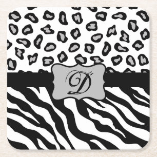 Zwarte witte Zebra Leopard Skin Monogram Kartonnen Onderzetters