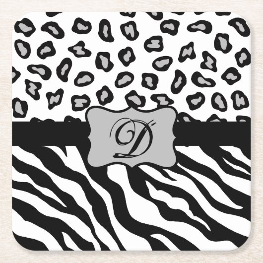 Zwarte witte Zebra Leopard Skin Monogram Kartonnen Onderzetters (Voorkant)