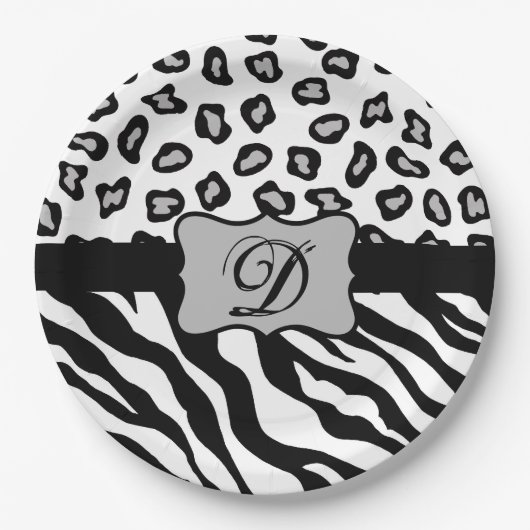 Zwarte witte Zebra Leopard Skin Monogram Papieren Bordje (Voorkant)