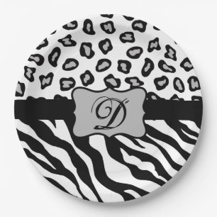 Zwarte witte Zebra Leopard Skin Monogram Papieren Bordje