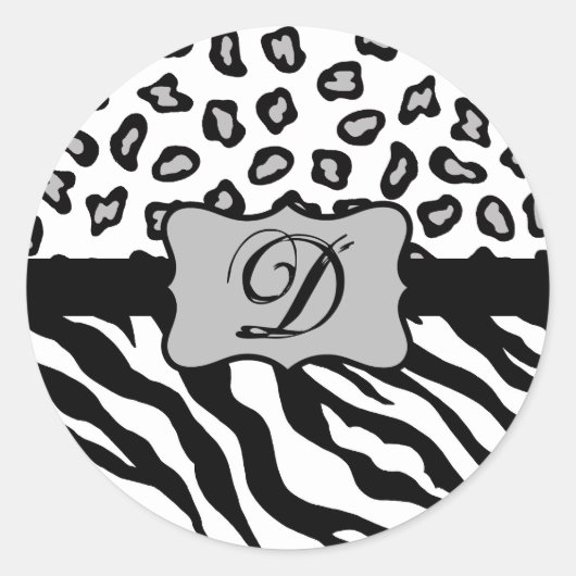 Zwarte witte Zebra Leopard Skin Monogram Ronde Sticker (Voorkant)