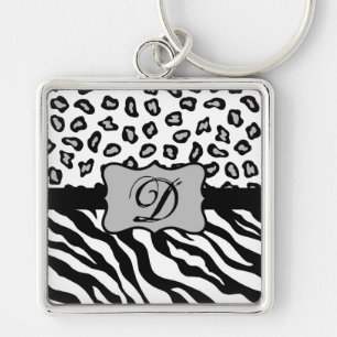 Zwarte witte Zebra Leopard Skin Monogram Sleutelhanger