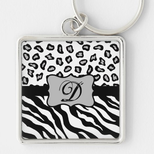 Zwarte witte Zebra Leopard Skin Monogram Sleutelhanger (Voorkant)