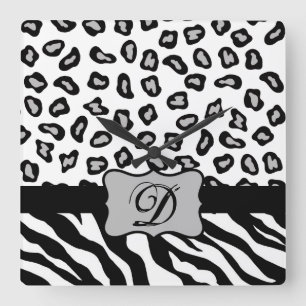Zwarte witte Zebra Leopard Skin Monogram Vierkante Klok