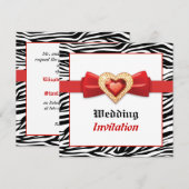 Zwarte witte zebra print met rode juweel bruiloft kaart (Voorkant / Achterkant)