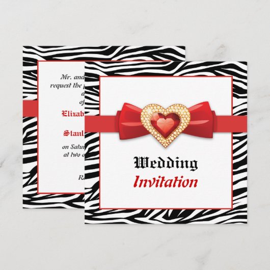 Zwarte witte zebra print met rode juweel bruiloft kaart (Voorkant / Achterkant)