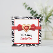 Zwarte witte zebra print met rode juweel bruiloft kaart (Staand voorkant)