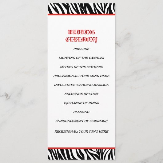 Zwarte witte zebra print, rode juweel bruiloft pro programmakaart (Achterkant)