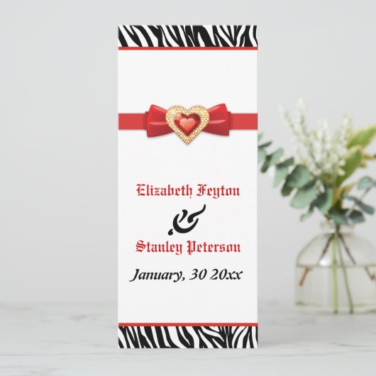 Zwarte witte zebra print, rode juweel bruiloft pro programmakaart (Staand voorkant)