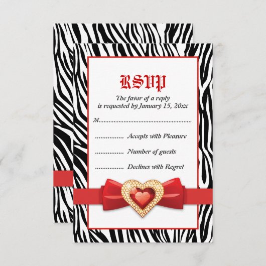 Zwarte witte zebra print & rode juweel bruiloft RS RSVP Kaartje (Voorkant / Achterkant)