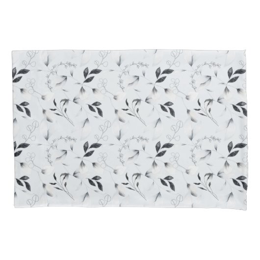 Zwarte witte zilvergrijze bladeren kussensloop (Voorkant-Links)