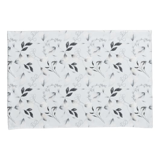 Zwarte witte zilvergrijze bladeren kussensloop (Voorkant-Rechts)