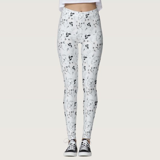 Zwarte witte zilvergrijze bladeren leggings (Voorkant)