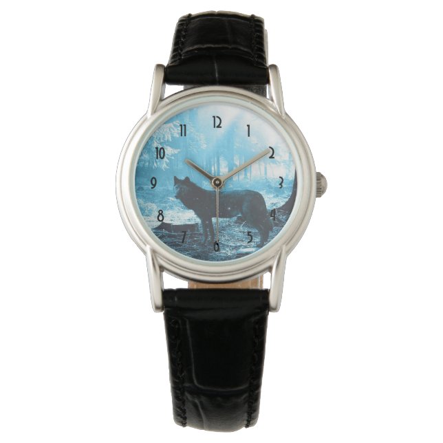 Zwarte Wolf Alone in het bos Horloge (Voorkant)