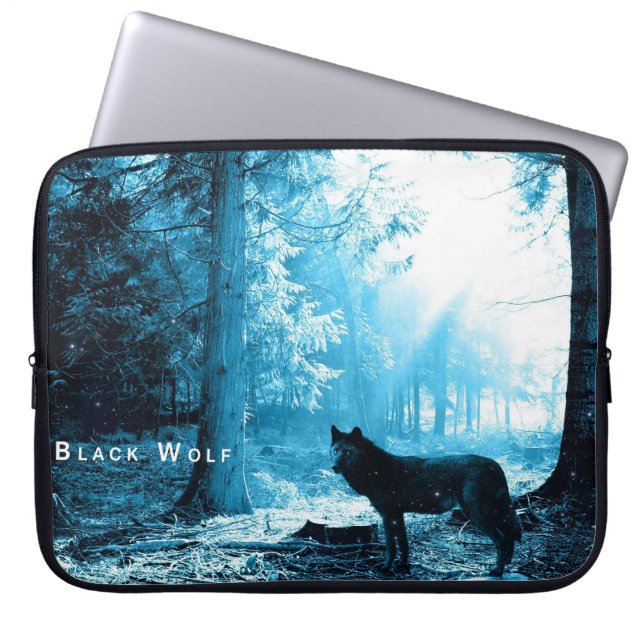 Zwarte Wolf Alone in het bos Laptop Sleeve (Voorkant)