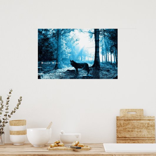 Zwarte Wolf Alone in het bos Poster (Keuken)