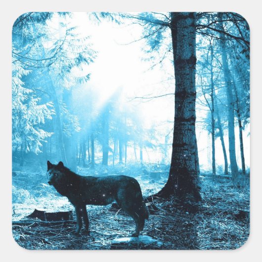 Zwarte Wolf Alone in het bos Vierkante Sticker (Voorkant)