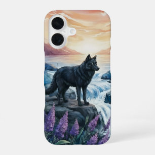 zwarte wolf bij waterval bij zonsopgang iPhone 16 hoesje