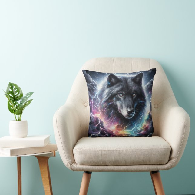 Zwarte Wolf Bliksem Storm Hemelse Wilde Dieren Kussen (Stoel)