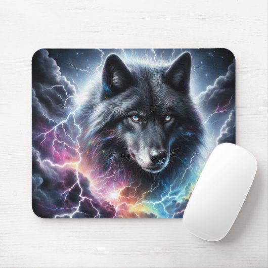 Zwarte Wolf Bliksem Storm Hemelse Wilde Dieren Muismat (Met muis)