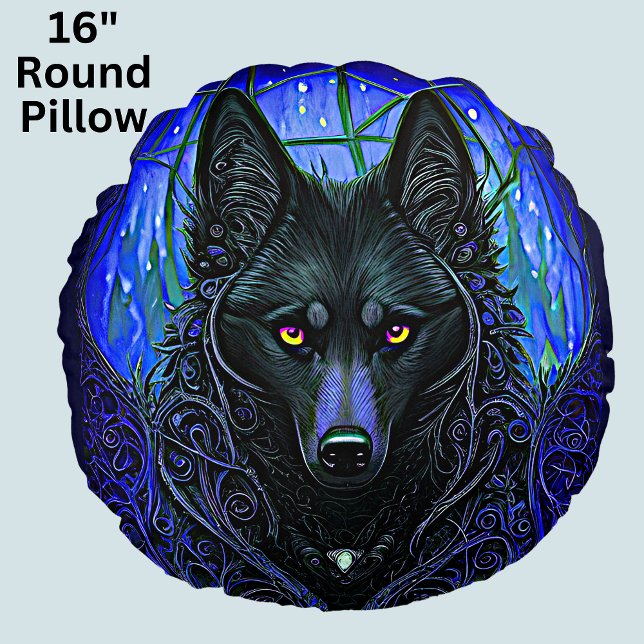 Zwarte Wolf Dog op blauw Rond Kussen (Creator heeft geüpload)