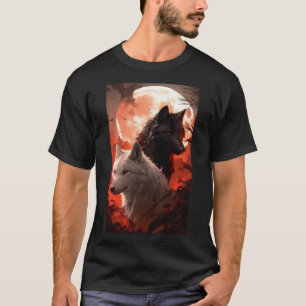 Zwarte wolf en witte wolf portret van de rode maan t-shirt