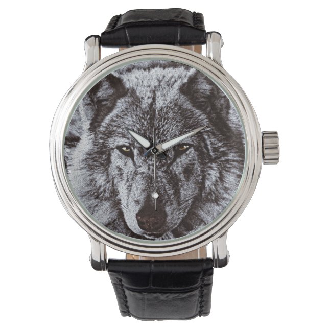 Zwarte Wolf Gezicht Wildlife Horloge (Voorkant)