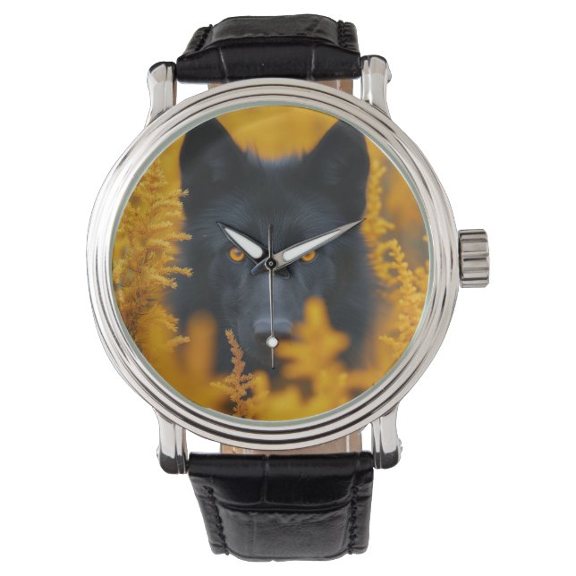 Zwarte Wolf Hond Duitse Herder Horloge (Voorkant)
