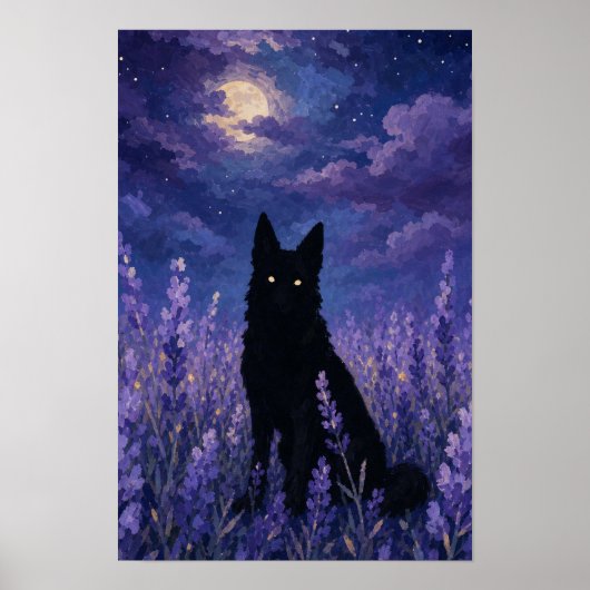 Zwarte Wolf in Lavendelveld Poster (Voorkant)