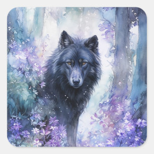Zwarte Wolf in Mystiek Paarse Aquarel Woud Vierkante Sticker