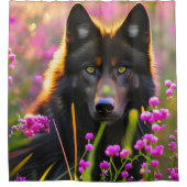 Zwarte wolf in roze bloemen douchegordijn (Voorkant)