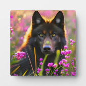 Zwarte wolf in roze bloemen fotoplaat (Voorkant)