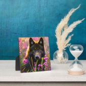 Zwarte wolf in roze bloemen fotoplaat (Insitu)